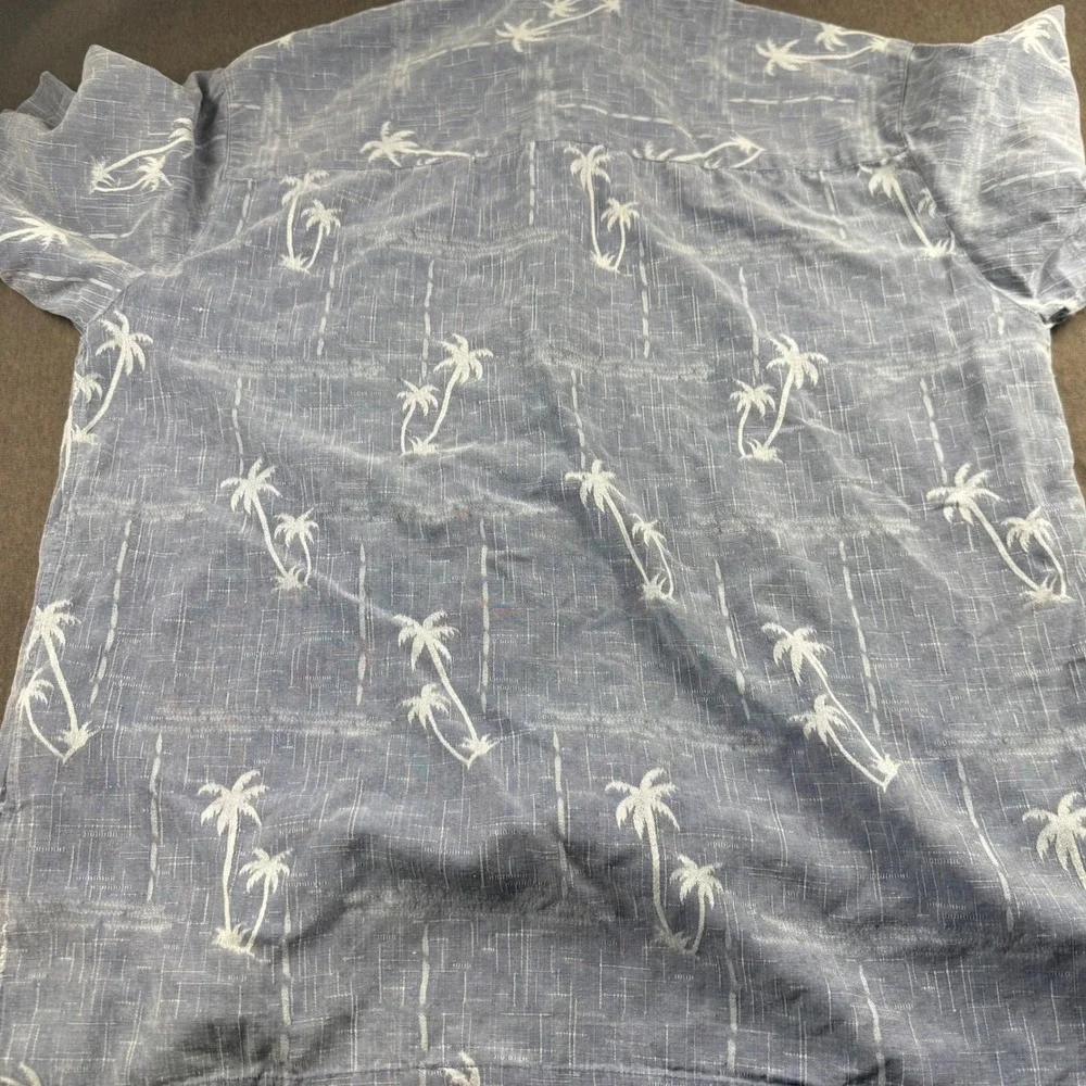 Banana Cabana Mens Blue Silk Palm Tree Print Short Sleeve Button Up Shirt Medium